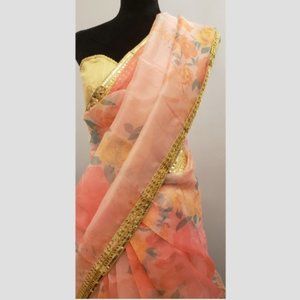 Stunning Chiffon Style Floral Saree with Border and Ready made blouse